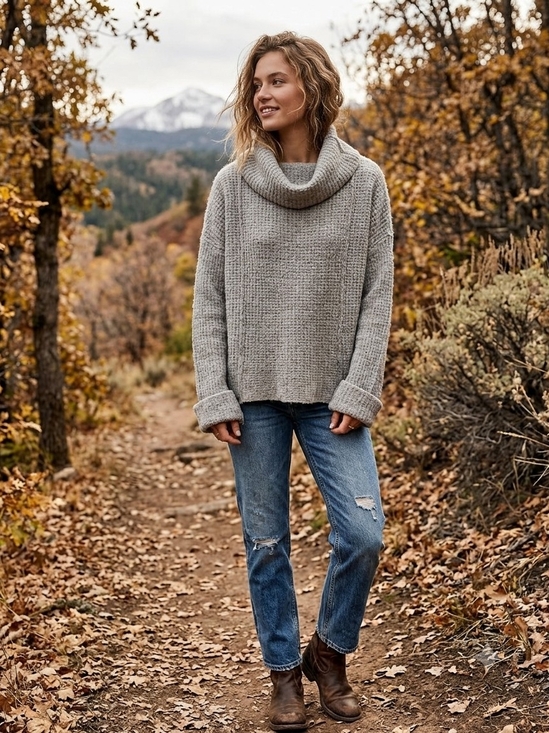 Free People Sweaters - Free People Sidewinder 100% Wool Cowl Neck Waffle Knit Sweater Heather Grey S